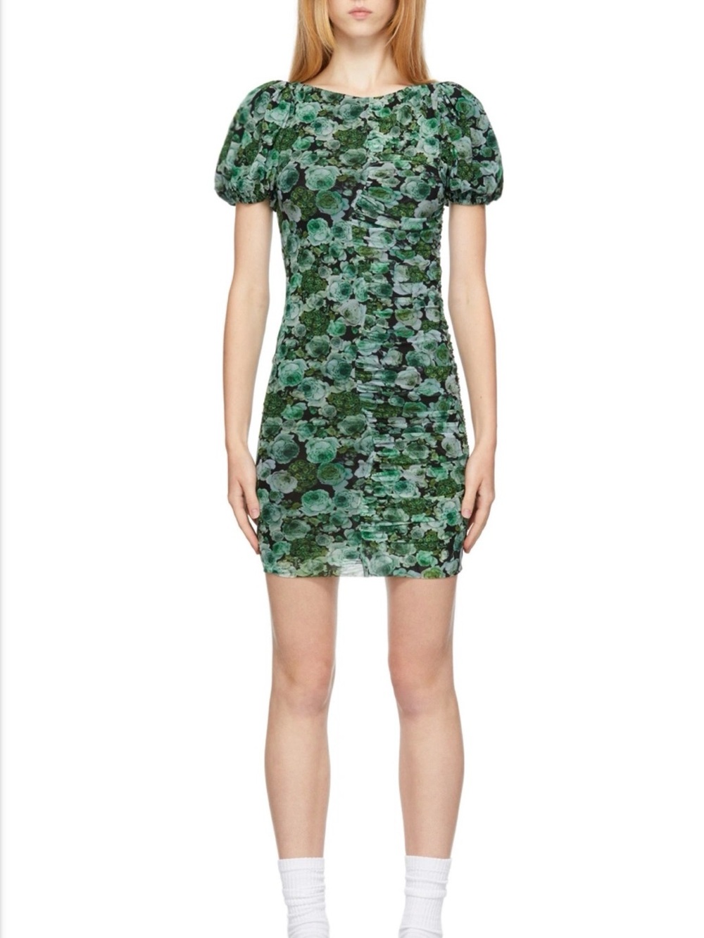 Ganni Green Floral Ruched Mesh Mini Dress Short Puff Sleeve 38